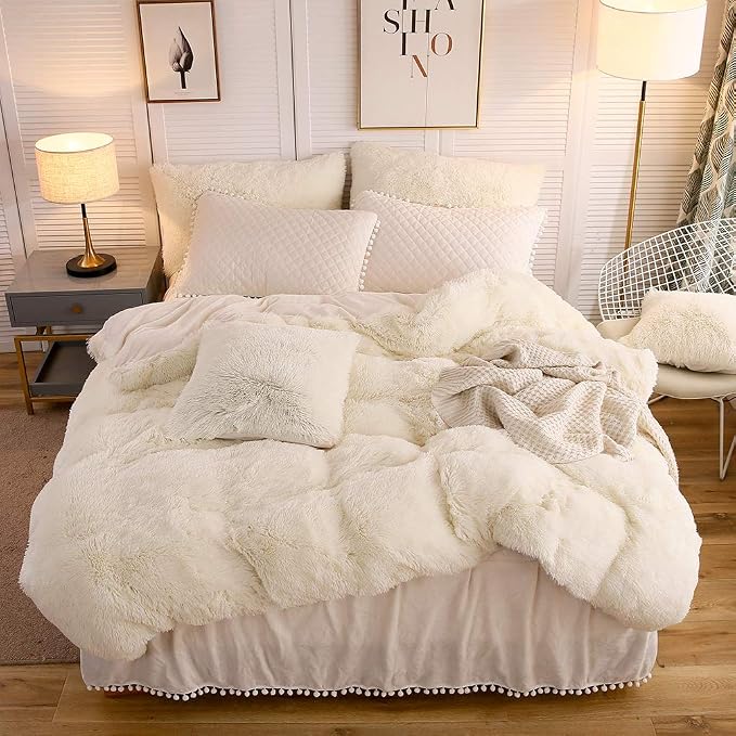 LIFEREVO Luxury Plush Shaggy Duvet Cover Set, Soft Velvet Fluffy Furry Duvet Cover Set(1 Faux Fur Fuzzy Comforter Cover + 2 Pompoms Pillow Cases) Bedding Set, Zipper Closure(Full/Queen, Light Beige)