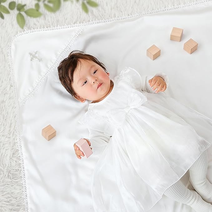 Tencel Christening Baby Blanket – Soft Lyocell Baptism Blanket with Classic Lace Border and Minimal Cross Embroidery, 39.4×39.4 in, Timeless Heirloom Gift for Boys & Girls