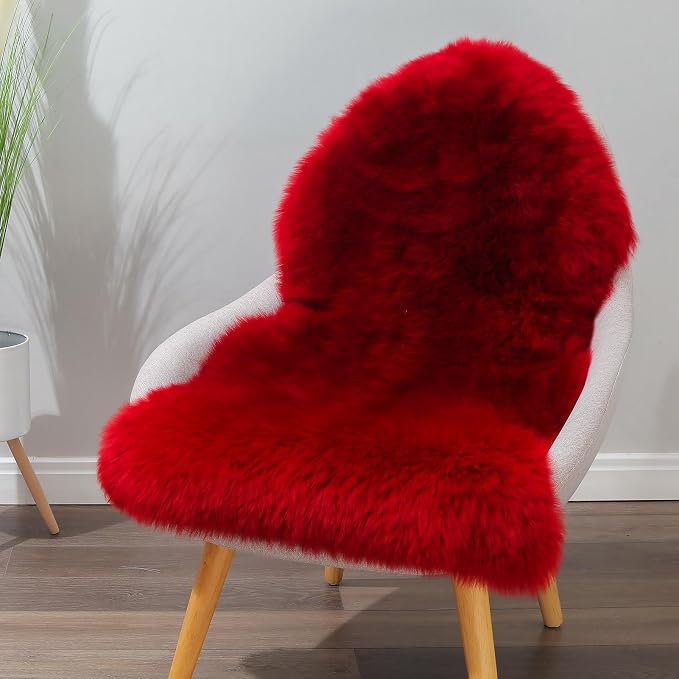Red Genuine Sheepskin Rug, Fluffy Shaggy Fur Fuzzy Area Rug for Bedroom Living Room Soft Fur Wool Pray Pup Area Cushion Carpet, Chair Sofa Seat Cover, Single Pelt/2FT*3FT