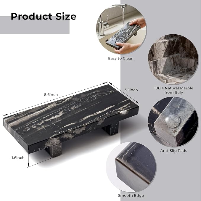 Marble Soap Tray for Bathroom Kitchen Countertop 8.6" x 3.6" Waterproof Soap Dish Holder, Stone Pedestal Stand for Sink, Vanity, Counter Luxury Decorative Tray Farmhouse Decor Black (WH111)