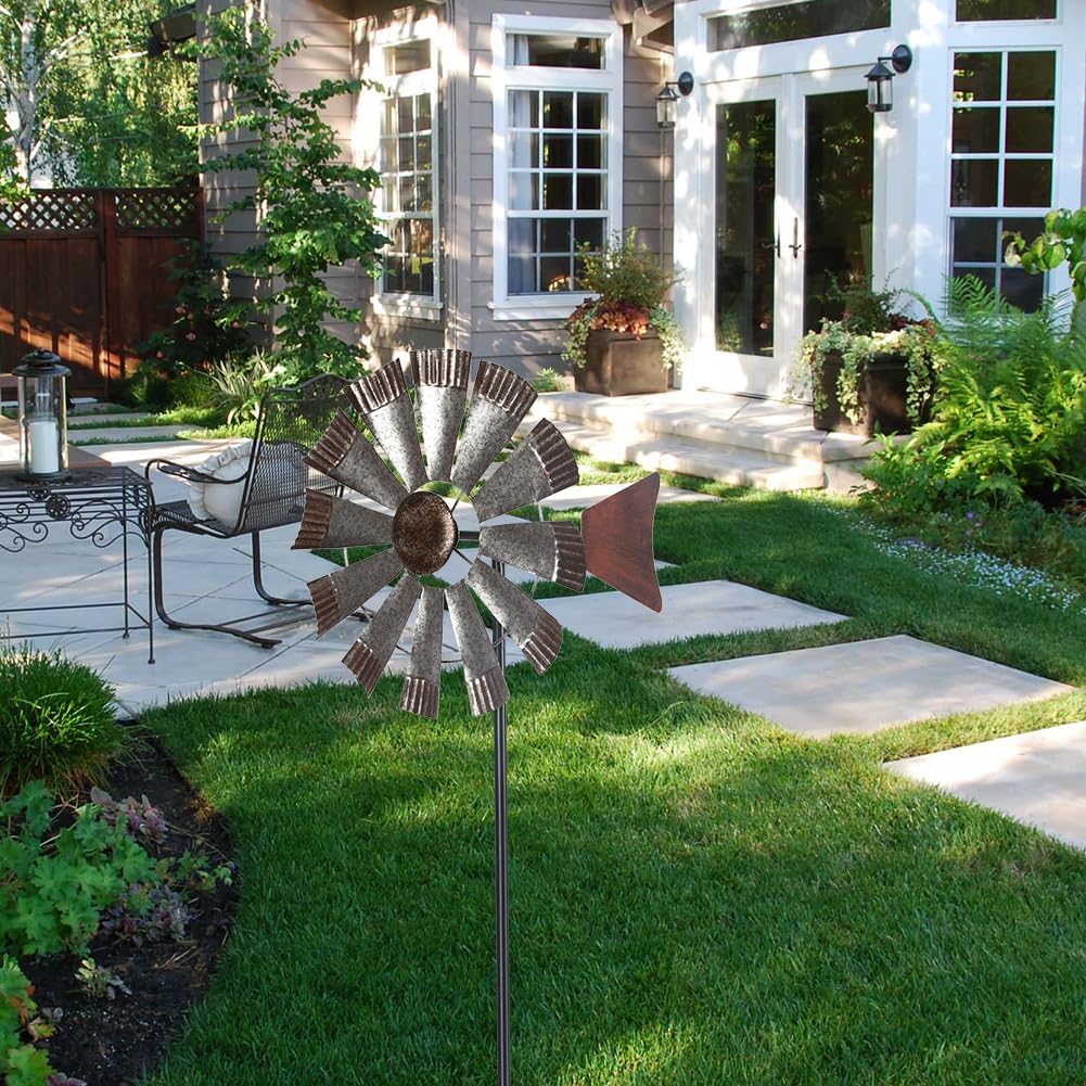 Wind Spinners Outdoor，Metal Vintage Style Single Sided Silver Windmill Kinetic Wind Spinner for Outdoor Garden Patio Yard Decor,Diameter 13 Inches