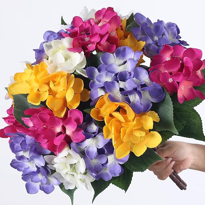 FOTEEWL 8 Bundles Artificial Hydrangea Flowers for Outdoor Decor, Realistic Faux Silk Bouquets Sun-Resistant Fake Plants for Front Door Balcony Farmhouse Garden Home Spring Summer Decor (Mixed Color)