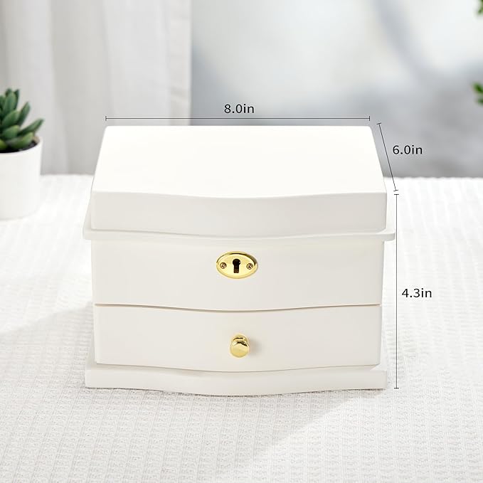 Ballerina Musical Jewelry Box with Mirror for girls，Kid's Jewelry Storage Music Chest (White-L)