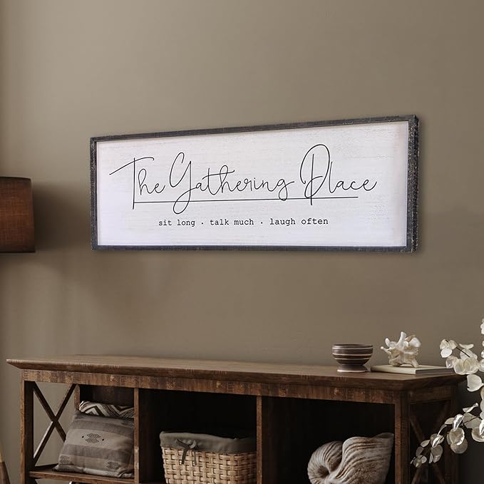 The Gathering Place Wall Decor Sign 32"x12" Large Family Dining Room Vintage Wooden Framed Country Farmhouse Simple And Rustic Hanging For Kitchen Home Wall Art Decoration (Black)