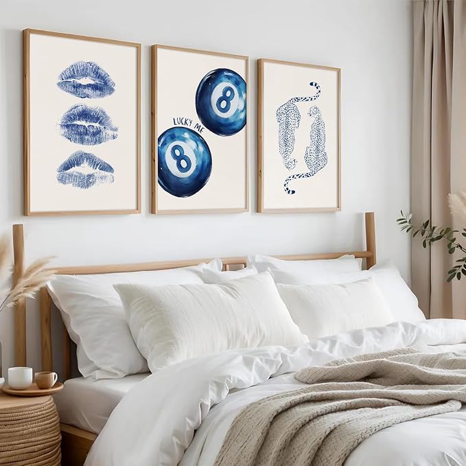 Leopard Wall Art Cheetah Canvas Prints Trendy 8 Ball Wall Decor Preppy Aesthetic Poster Lucky Leopard Pictures Funky Painting Navy Kiss Artwork for Bedroom Living Room 16x24 Inch Unframed Set of 3