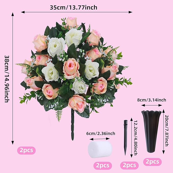 Lodou Set of 2 Artificial Cemetery Flowers, Memorial Flowers Bouquet,Grave Memorial Flowers with Vase for Cemetery Headstones Decoration (Beige White)