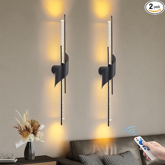 camuucci Battery Operated Wall Sconces Set of Two,Modern Wireless Wall Lights,LED Rechargeable 20000mAh Not Hardwired Remote Control Dimmable Wall Lamp Fixtures for Bedroom Black 33 Inches
