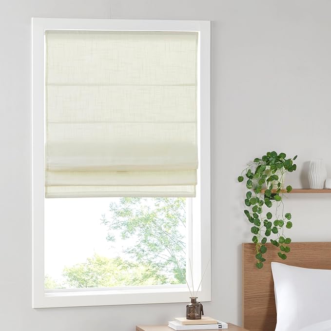Madison Park Kyler Cordless Roman Shades - Single Panel, Lightweight Linen Blend Fabric, Natural Design, Easy Installation, Light Filtering Window Blind, Bedroom, Living Room Decor 29"W x 64"H Ivory