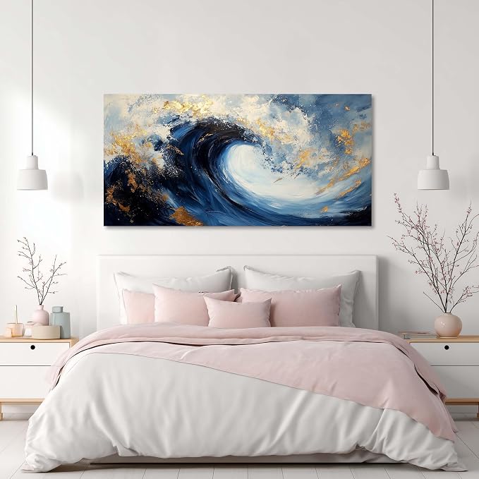 Ggaafet Navy Blue Waves Wall Art for Bedroom Canvas Painting Prints Beautiful Ocean Sea Gold Art Deco Modern Artwork Office Family Room Decor