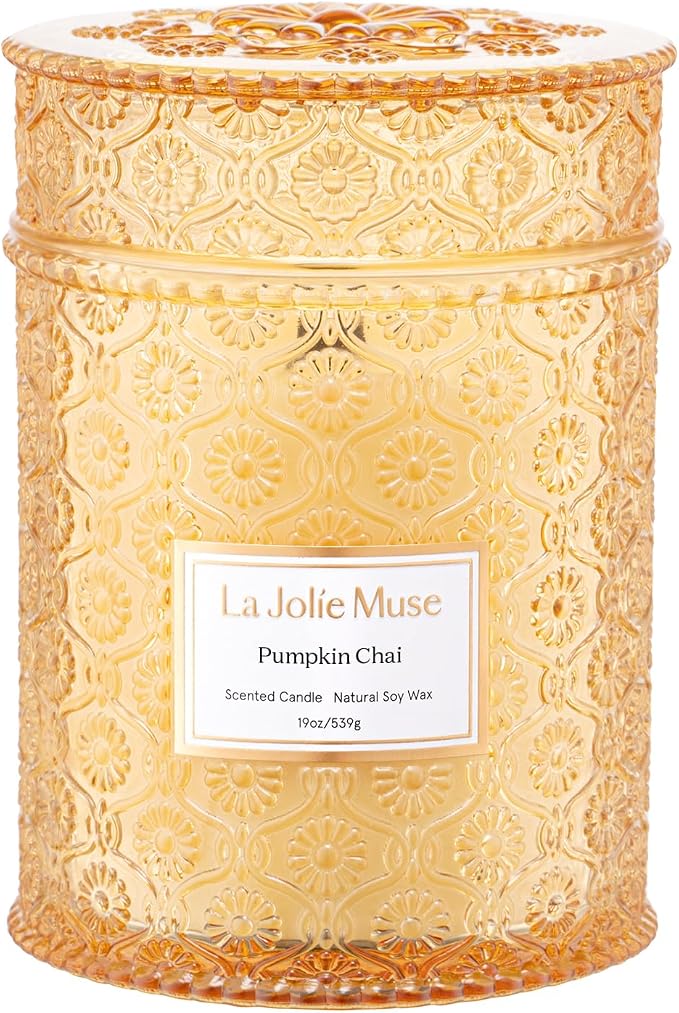 LA JOLIE MUSE Pumpkin Chai Home Scented Candle for Fall | 19 oz Non Toxic Natural Soy | Luxury Large Jar Candle for Home | Decor Gifts for Women & Men | Wood Wick