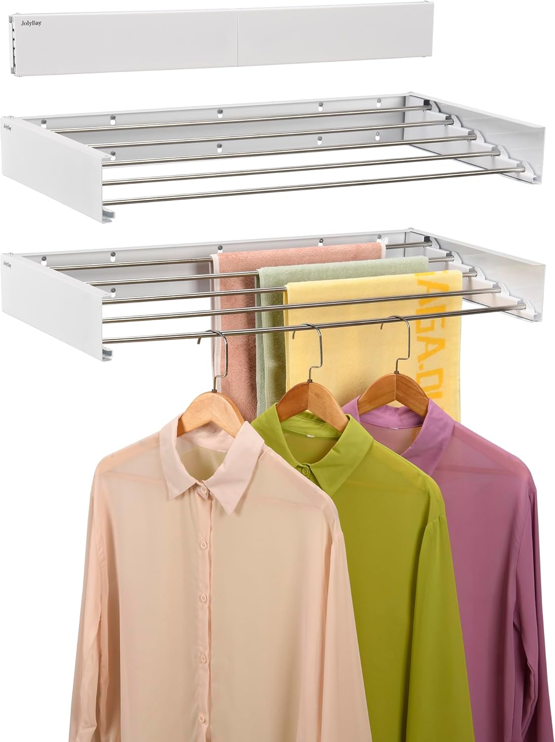 Wall Mounted Laundry Drying Rack, Retractable Clothes Drying Rack for Bathroom with Wall Template, 5 Stainless Rods Heaving 60 lb Capacity (White, 31.5")