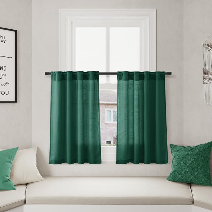 Nanspring Dark Green Linen Cafe Curtains Linen Kitchen Curtain 24 Inch Length 2 Panels Semi Light Filtering Short Tier Drape with Back Tab Rod Pocket for Small Windows Cafe Bathroom Over Sink 26Wx24L