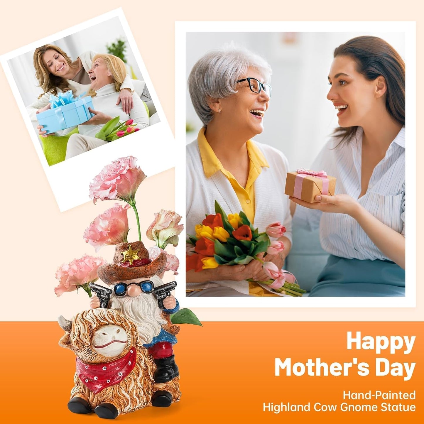 Solar Highland Cow Gnome Statue - Hand-Painted Resin Outdoor Decor for Garden & Yard, Unique Mothers Day Birthday Gifts for Grandma Women (Weatherproof)