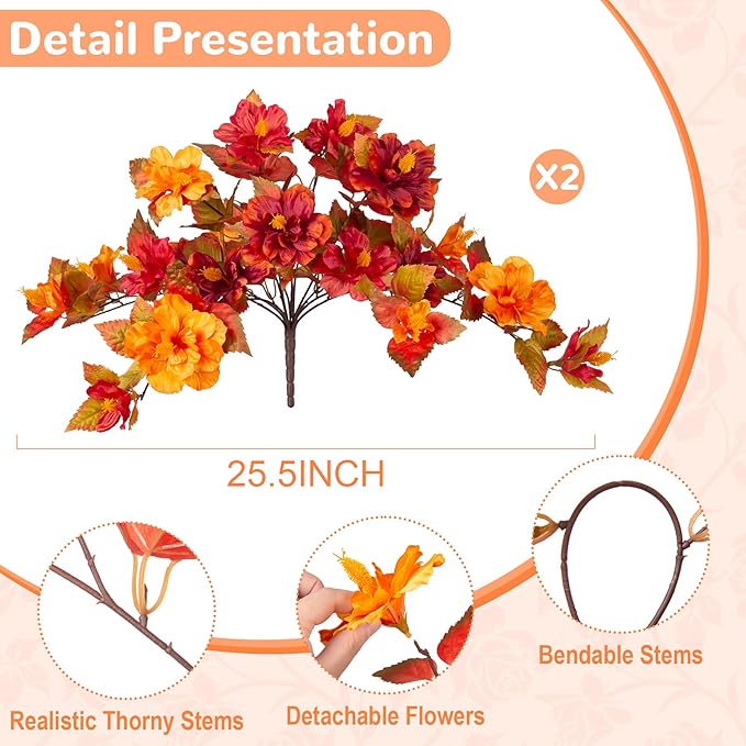 INXUGAO Fall Flowers Artificial for Outdoors Decoration, 2PCS Fake Fall Flowers for Outdoor Planters, Autumn Faux Hibiscus UV Resistant No Fade for Home Porch Patio Garden Balcony Yard Indoor Decor