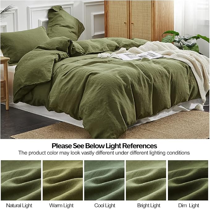 Simple&Opulence 100% Linen Duvet Cover Set 3pcs Basic Style Natural French Washed Flax Solid Color Soft Breathable Farmhouse Bedding with Button Closure - Olive Green, King