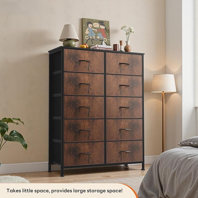 OLIXIS 10 Drawer Tall Dresser with Fabric Bins for Bedroom, Fabric Storage Tower Organizer for Closet Living Room Hallway, Double Chest of Drawers with Steel Frame Wood Top,Black-Brown
