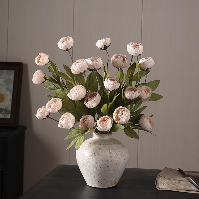 VIERENA 12 Pcs Faux Silk Peony Artificial Flowers for Vase -27", Bulk Fake Peonies Branches with Stems for DIY Bouquet Centerpieces Wedding Fillers Arrangements Shower Decorations (Beige)