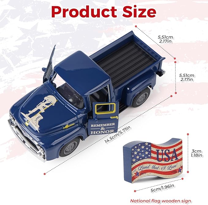 4th of July Patriotic Truck Decor, Red White and Blue Decorations Tiered Tray, Rustic Farmhouse Tabletop Centerpiece for Memorial Day Independence Day Decorations for Home Office