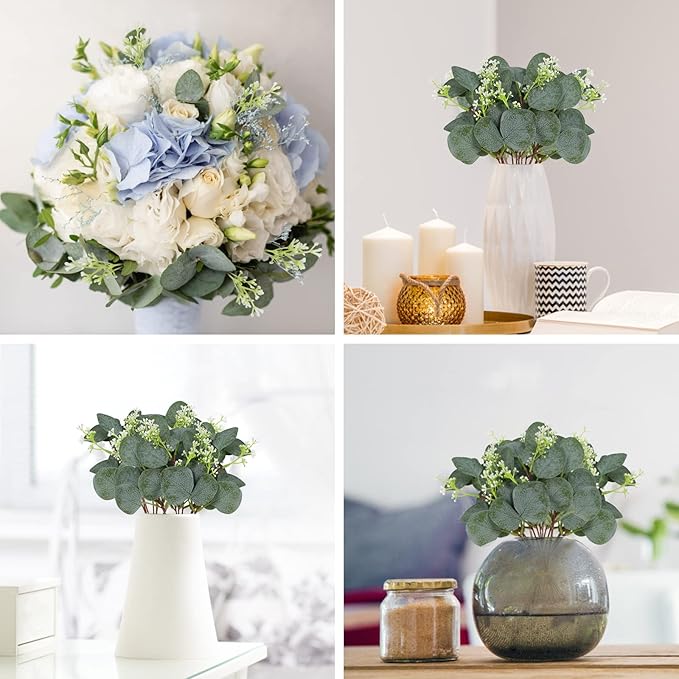 ZeKonan 80 Pcs Mixed Eucalyptus Leaves Stems Bulk Artificial Silver Dollar Leaves for Vase Bouquets Baby Eucalyptus Leaves for Family Wedding Center Flower Arrangement