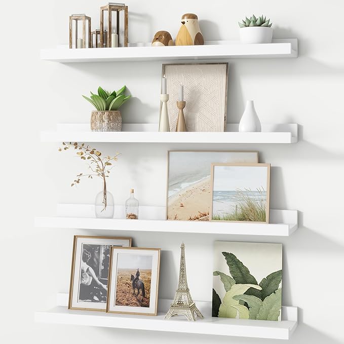 FLYJOE Picture Ledge Shelf, Floating Shelves Set of 4, 24 Inches Long Large Nursery Book Shelves for Toys Storage, Kids Bookshelf Wall Mounted for Living Room Bedroom Decor Books Photo Frames, White