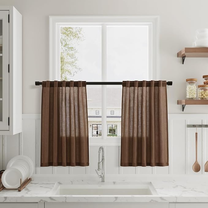 Caramel Brown Linen Cafe Kitchen Curtains 30 Inch Length Linen Blend Semi Sheer Light Filtering Short Curtain Back Tab Rod Pocket for Over Sink Window Scandinavian Bathroom Laundry 2 Panels 36Wx30L