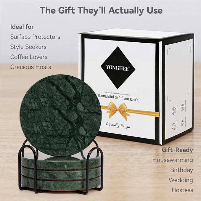 Dark Green Marble Coasters Set of 4 with Holder, Luxury Drink Coaster for Coffee Table, 4" Round Polished Verde Stone Coaster with Intricate Veins – Heat Resistant, Non-Slip, Housewarming Gift