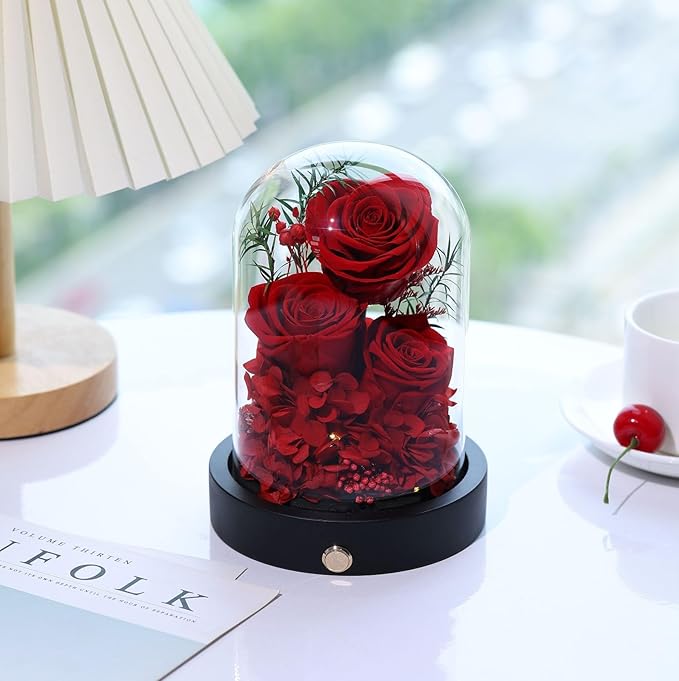 Preserved Flowers in Glass Dome with LED,Red Roses for Delivery, Valentines Day Gifts for Women Her Wife Mom on Mothers Day, Anniverysary, Birthday