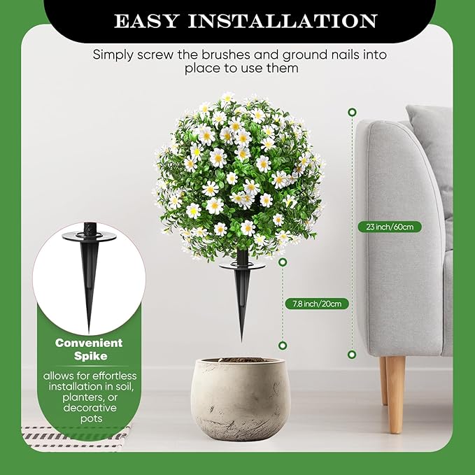 FAJUNZH Artificial Topiary Bushes for Outdoors with Spike, Boxwood Ball Fake Shrubs UV Resistant Faux Plants for Indoor Outdoor Fall Thanksgiving Halloween Decor (Sunflower Boxwood White -2 Packs)