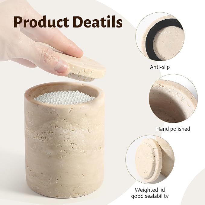 Marble Qtip Holder, Travertine Bathroom Accessories Toothbrush Holder with Lid for Cotton Swabs,Cotton Swabs, Jewelry, Floss Picks, Bathroom Essentials Decor Restroom Vanity Decor