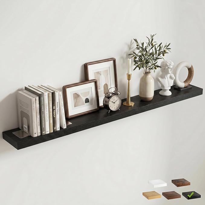 72 Inch Floating Shelves for Wall, 8"D Wood Storage Shelves, Black Finish | Engineered Wood, Invisible Bracket, Large Storage, Easy Install, Hold Up to 99lbs, Living Room, Bathroom, Bedroom, Kitchen