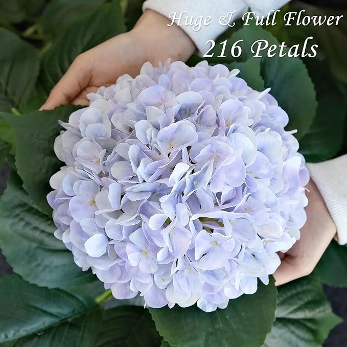 JINWOE Boho Fake Hydrangea Artificial Flowers, 4Pcs 22" Large Lifelike Silk Artificial Hydrangeas, Full Fake Flowers for Bouquet Table Centerpieces Wedding Indoor Home（Light Blue Violet）