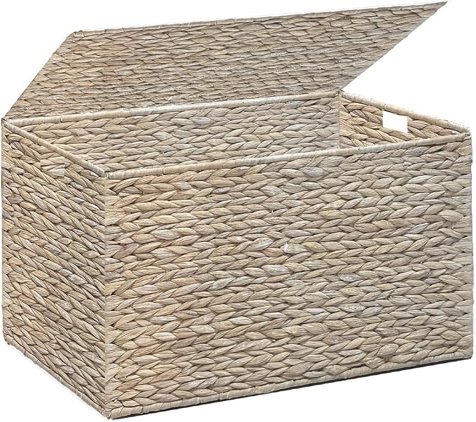 Water Hyacinth Storage Basket with Lid, 17.2 Gallon (65L) Wicker Storage Trunk with Handles, Handwoven Wicker Storage Bin for Blanket, Foldable, for Living Room, Laundry Room, White