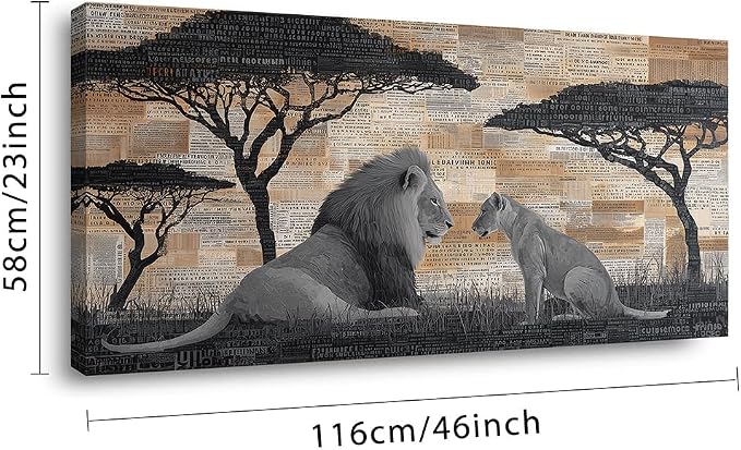 Lions Couple Wall Art for Living Room Canvas Painting Prints Text Collage Style Male and Female Lion African Savannah Art Deco Retro Rustic Artwork Office Bedroom Farmhouse Dining Room Decor Large
