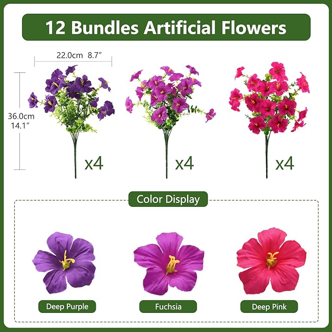 INQCMY Artificial Flowers for Outdoors Fake Plants Spring Summer Decoration, 12 Bundles Faux Petunias UV Resistant No Fade Realistic Silk Flower for Outside Planters Patio Porch Yard Window Box