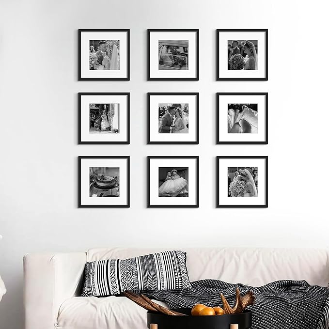 upsimples 12x12 Picture Frame Set of 10, Display Pictures 8x8 with Mat or 12x12 Without, Multi Photo Frames Collage for Wall or Tabletop Display, Black