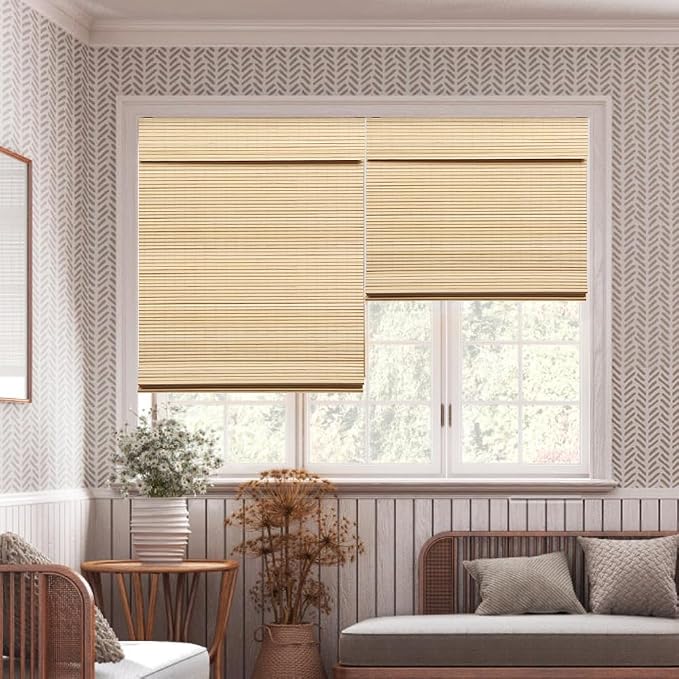 LUCKUP Cordless Bamboo Roman Blinds Shades for Indoor Windows-Blackout Room Darkening Roman Blinds with 6" Valance Cover Enhanced Privacy, 32" W x 64" H