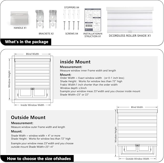 AOSKY Cordless Zebra Blinds for Windows Pull Down Roller Window Shades Dual Layer Light Filtering Privacy for Day and Night, Free-Stop Door Shades for Home Easy to Install (21" W X 72" H, White)