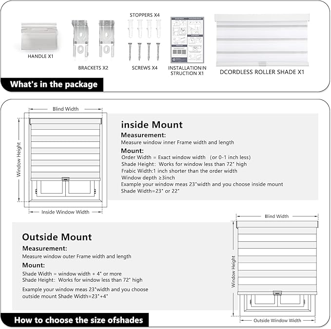 AOSKY Cordless Zebra Blinds for Windows Pull Down Roller Window Shades Dual Layer Light Filtering Privacy for Day and Night, Free-Stop Door Shades for Home Easy to Install (28" W X 72" H, White)