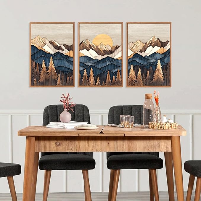 HOURIA 3Pcs Framed Boho Mountain Forest Sunrise Canvas Wall Art Set (16"x24"), Abstract Pine Tree Mountain Landscape Wall Decor, Mid Century Modern Nature Wilderness Scenery Art Print for Office Farmhouse Home