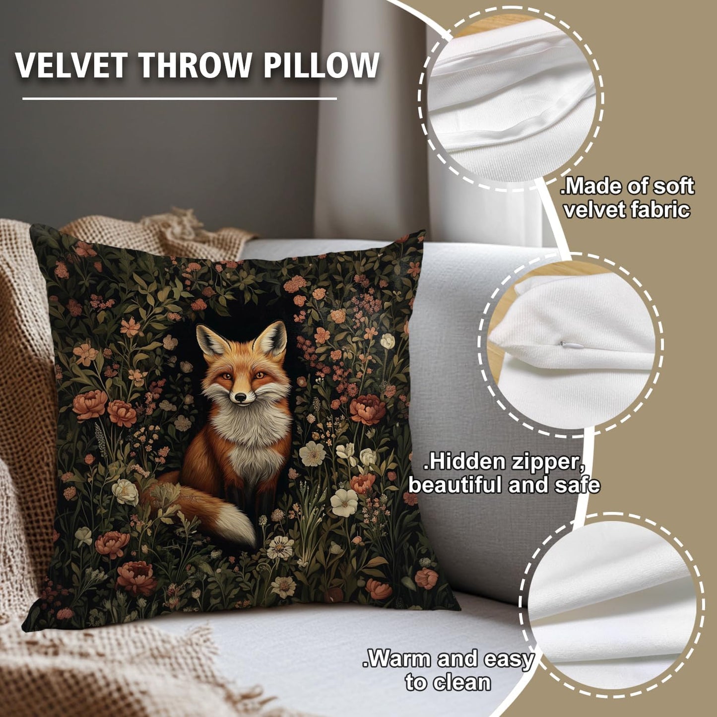 William Morris Abstract Vintage Floral Velvet Butterfly Design Throw Pillow Covers Home Decor, Retro Art Deco Pillowcase Cushion Cover for Bed Sofa Living Room, Square 18x18inch (Orange-Fox2)