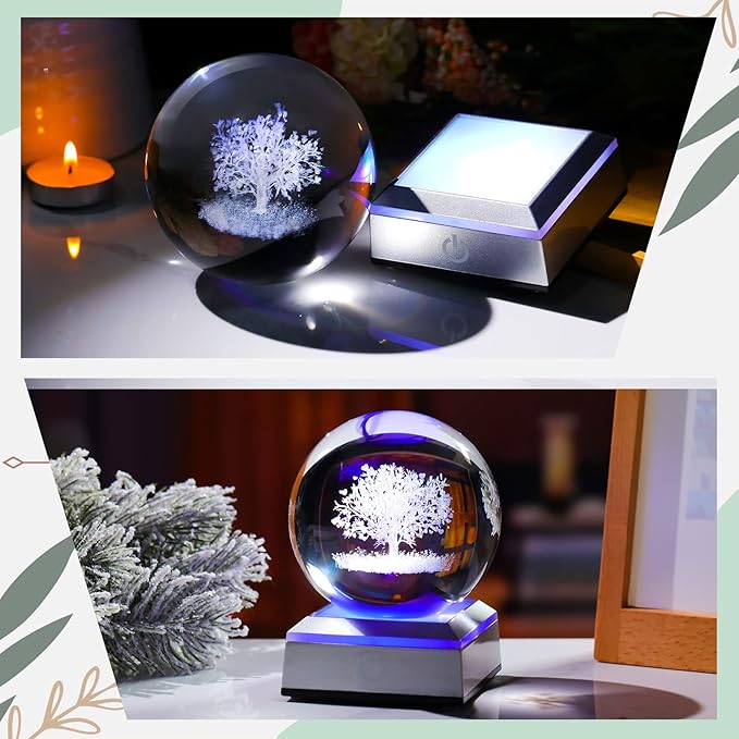 Ornalrist Crystal Ball 3D Engraved Tree of Life with LED Colorful Base, 3.15" 8CM Glass Sphere Ideas for Family Home Decor Display, Gifts for Men Women Friends on Birthday Christmas