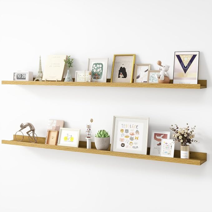 Acovy Picture Ledge Shelf, Wood Long Floating, Set of 2, 56 inch, Oak | Wall Mounted, For Living Room Kids' Room Bedroom, Photo Ledge Nursery Book Shelves