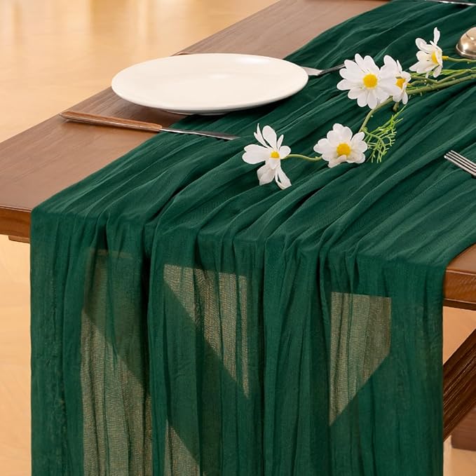 Socomi 2pcs Emerald Green Cheesecloth Table Runner Easter Spring Boho Rustic Gauze 120 inch 10FT Cheese Cloth Runner for Wedding Party Baby Shower Birthday Home Decor Holiday Decorations