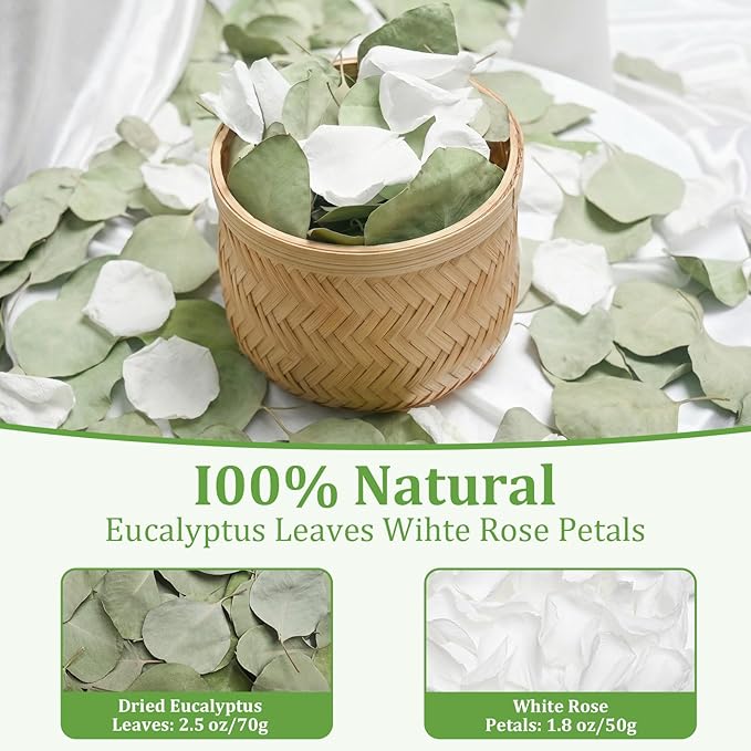 Eslibin 500+PCS Real White Rose Petals & Natural Eucalyptus Leaves, 4.23oz (120g) – Freeze Dried Flower Petals Confetti for Wedding Flower Girl Toss, Aisle Runner, Table Scatter, Bridal Shower Decor