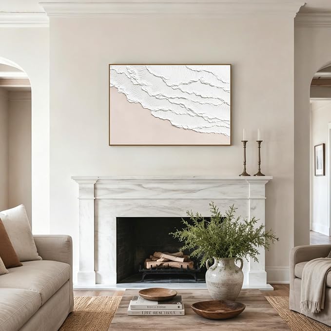SAFERRYHOME Abstract Wave Textured Hand Painted Wall Art, 36"x24" Framed | Large Beach Texture Framed Canvas Wall Decor, Modern Sea Painting Neutral Landscape Artwork for Home Office Living Room