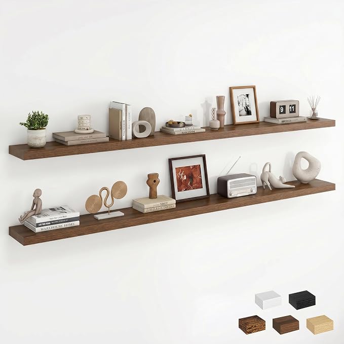 Dreamland 72Inch Floating Shelves for Wall, Rustic Wooden Walnut Floating Shelves for Living Room, Kitchen, Farmhouse, Deep Wall Mounted Book Shelf, Wood Storage Display Shelf for Home Decor, Set of 2