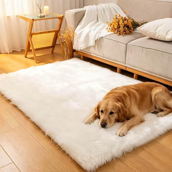 Faux Fur Rug White Sheepskin Area Rug,Ultra Soft 4x6 ft Rectangular Shaggy Plush Rug for Bedroom Sofa Floor Bedside Living Room Kids Room