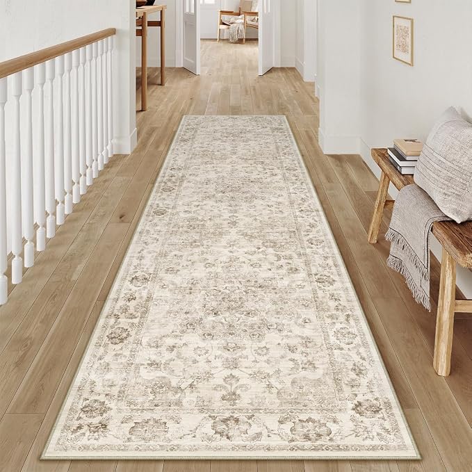 3x14 Washable Neutral Runner Rug Beige Vintage Hallway Kitchen Carpet Non-Slip Soft Low Pile Farmhouse Throw Rug for Bedroom Bathroom Laundry Living Room