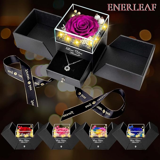 ENERLEAF Preserved Pink Real Rose-Eternal Flowers Rose Gifts for Mom Grandma Wife Girlfriend on Mothers Day Birthday Valentines Christmas Anniversary Romantic Gifts for Her with I Love You Necklace