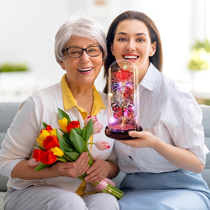 Mothers Day Rose Gifts for Mom Birthday Gift, Rechargeable Galaxy Glass Rose in Glass Dome Eternal Crystal Flower Butterfly Gift Mother's Day Flowers Gifts for Women Mom Wife Grandma Daughter Red
